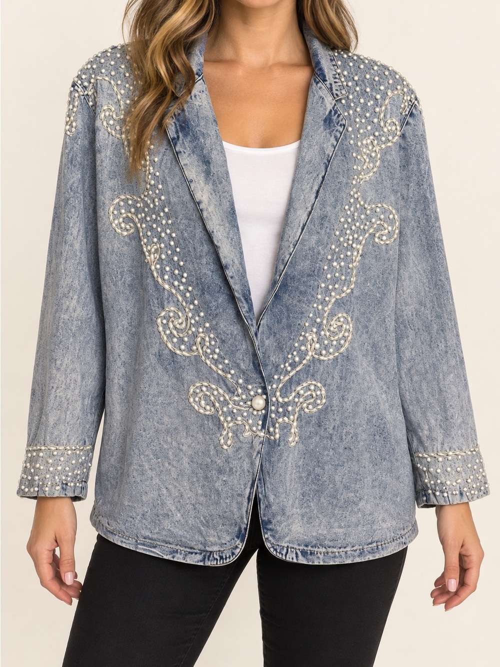 VTG Andiamo Italia Acid Wash Pearl Beaded Embellished Jacket Women’s S